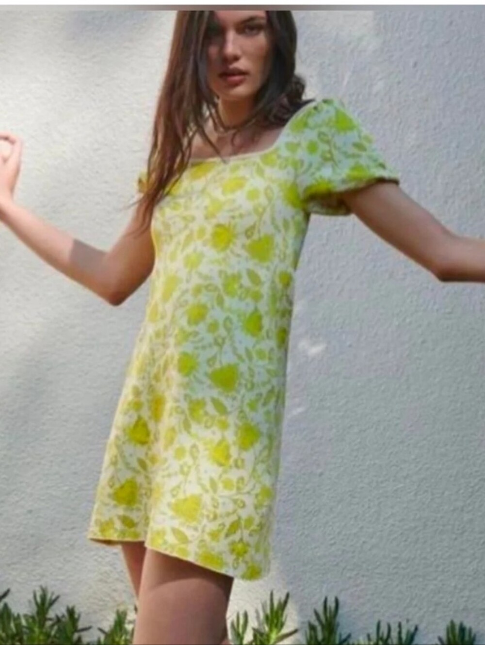 Zara Yellow Floral Puff-Sleeve Mini Dress